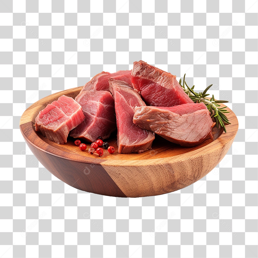 Pedaços de Carnes Cortadas em Vasilha de Madeira PNG Transparente