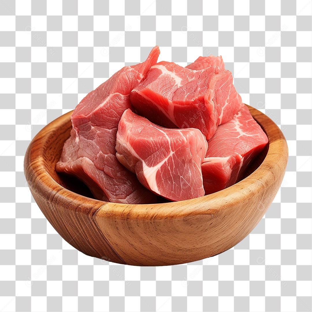 Pedaços de Carnes Cortadas em Vasilha de Madeira PNG Transparente