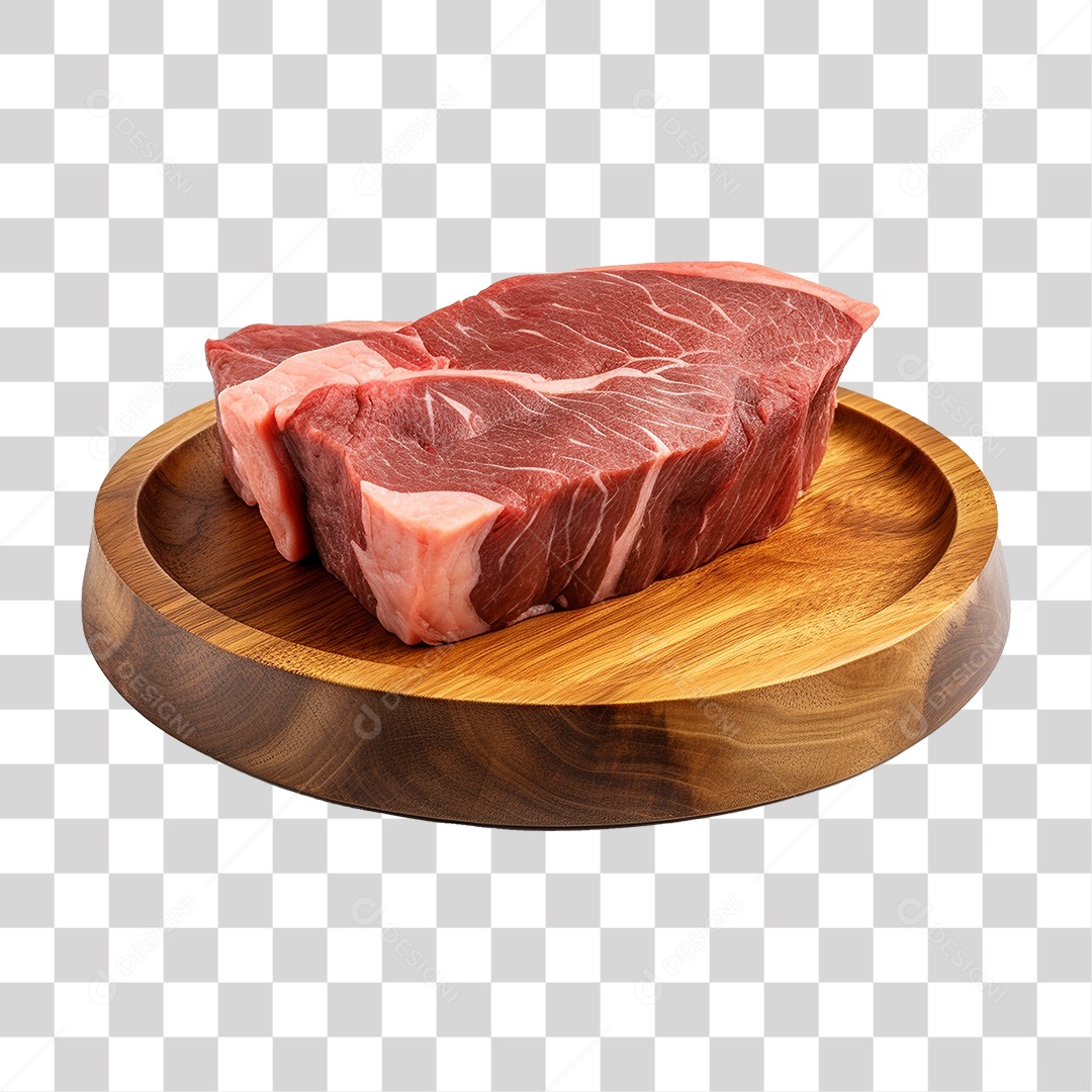 Pedaços de Carnes Cortadas em Vasilha de Madeira PNG Transparente