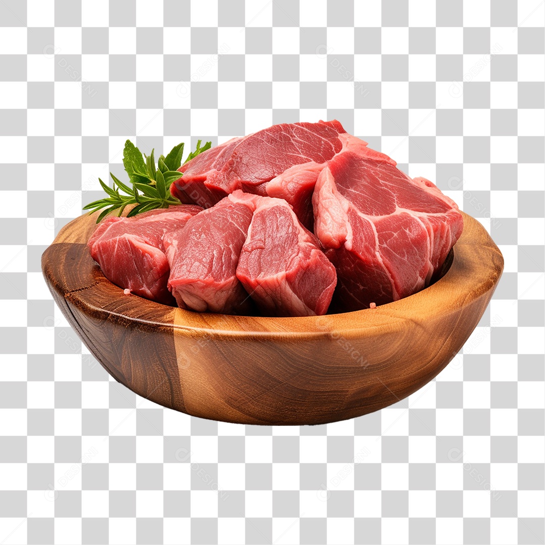 Pedaços de Carnes Cortadas em Vasilha de Madeira PNG Transparente