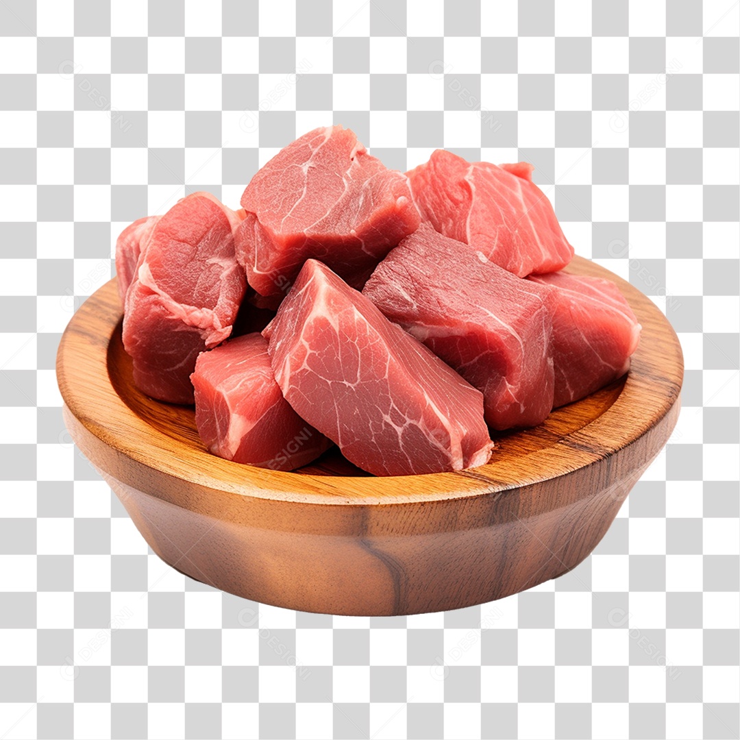 Pedaços de Carnes Cortadas em Vasilha de Madeira PNG Transparente
