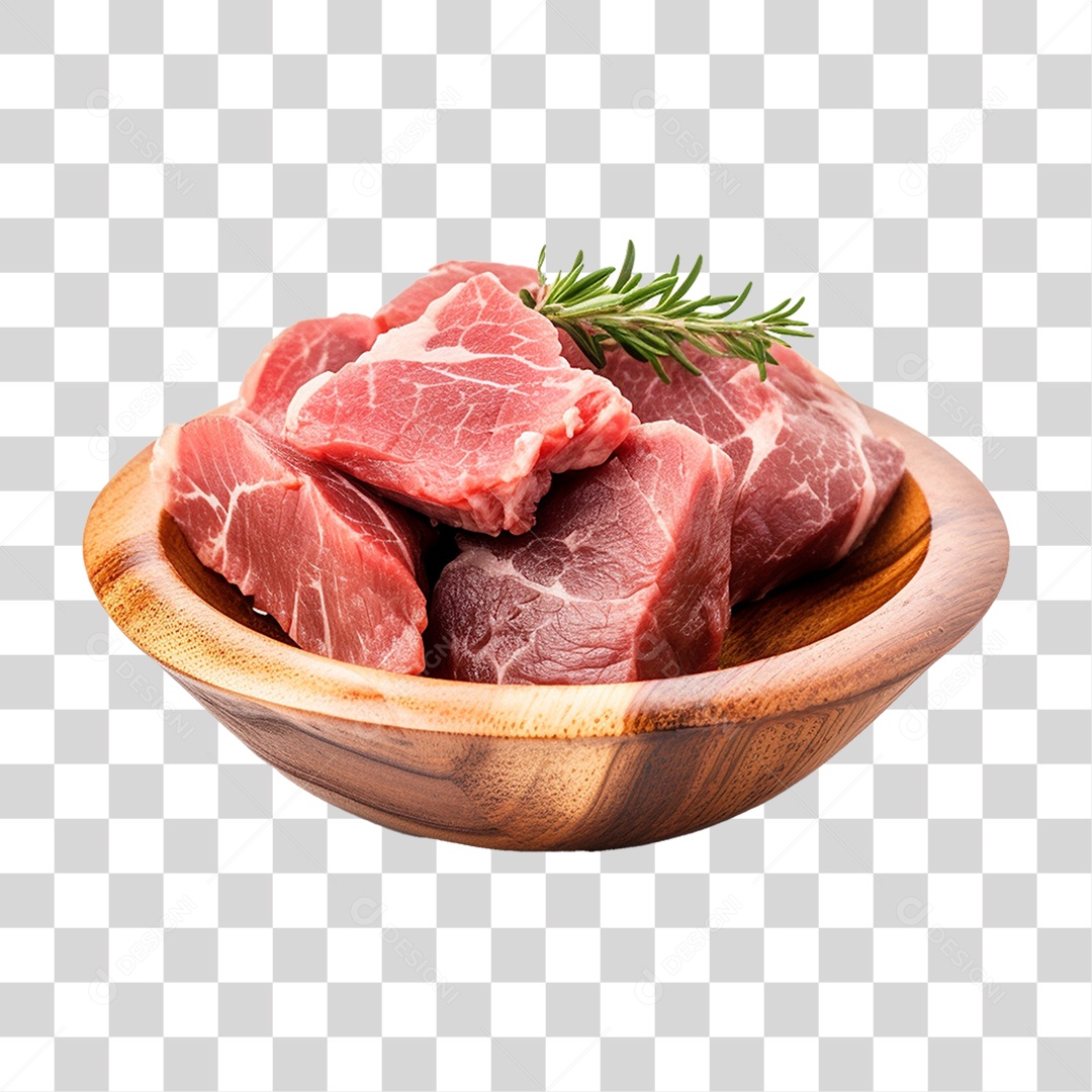 Pedaços de Carnes Cortadas em Vasilha de Madeira PNG Transparente