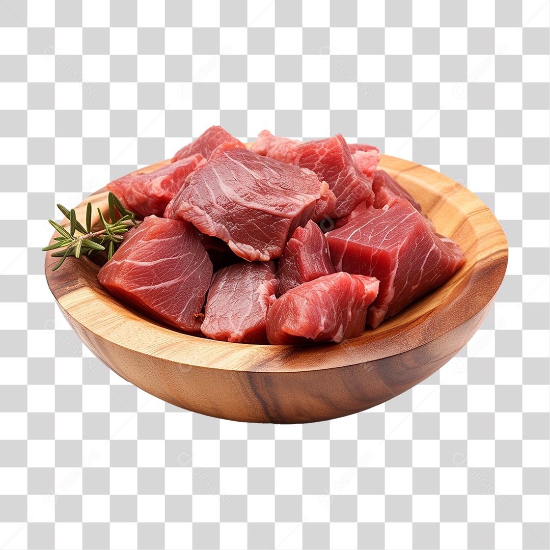 Pedaços de Carnes Cortadas em Vasilha de Madeira PNG Transparente