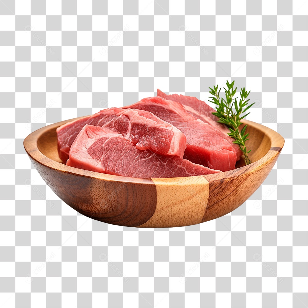 Pedaços de Carnes Cortadas em Vasilha de Madeira PNG Transparente