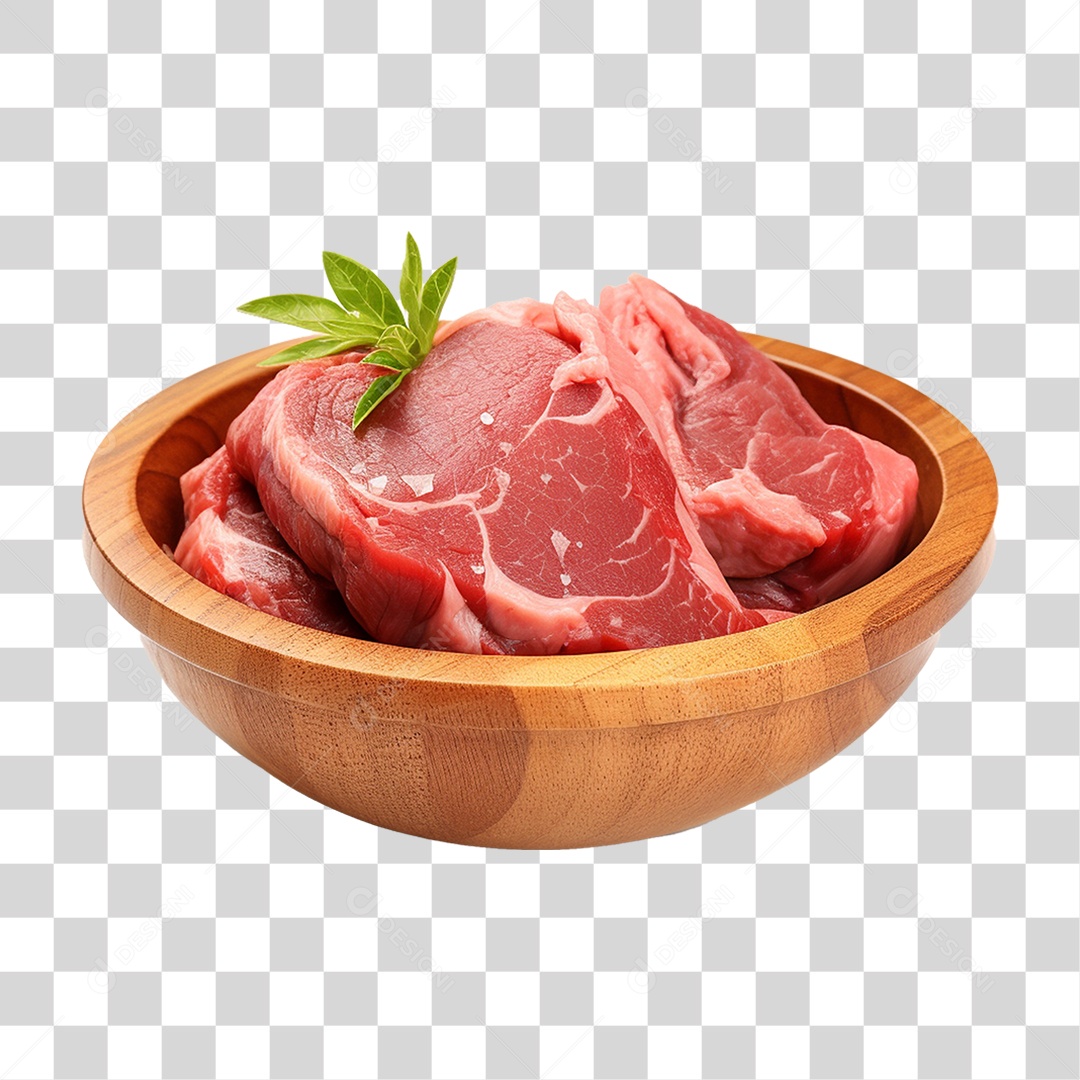 Pedaços de Carnes Cortadas em Vasilha de Madeira PNG Transparente