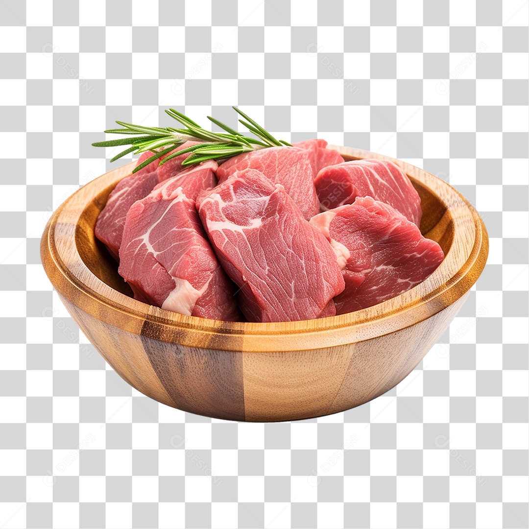 Pedaços de Carnes Cortadas em Vasilha de Madeira PNG Transparente