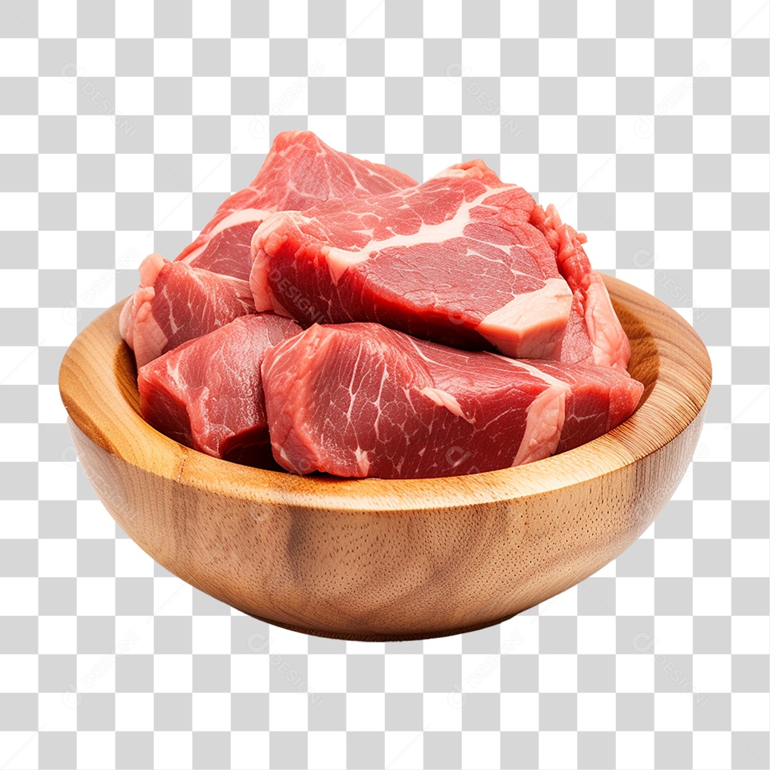 Pedaços de Carnes Cortadas em Vasilha de Madeira PNG Transparente