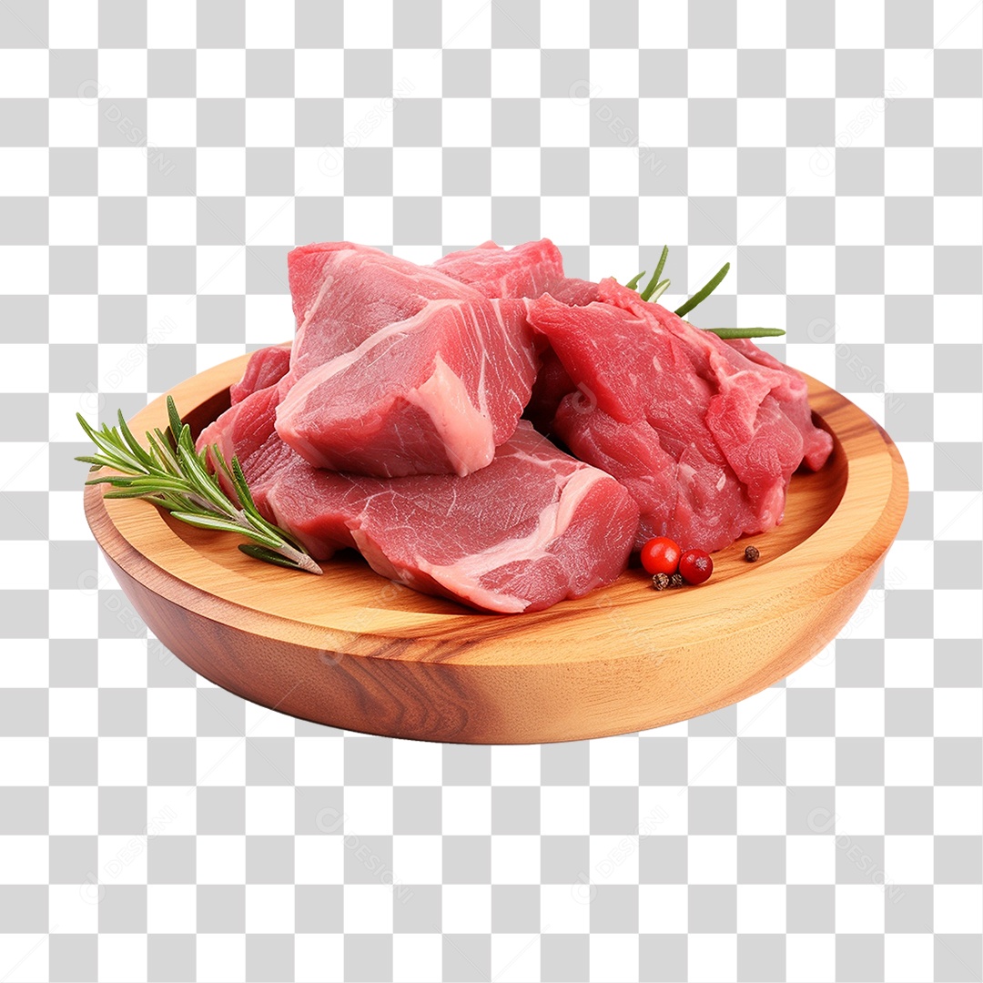Pedaços de Carnes Cortadas em Vasilha de Madeira PNG Transparente