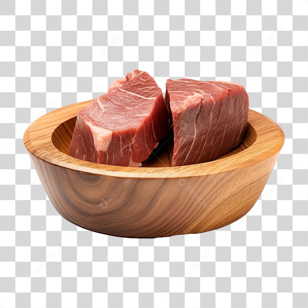 Pedaços de Carnes Cortadas em Vasilha de Madeira PNG Transparente