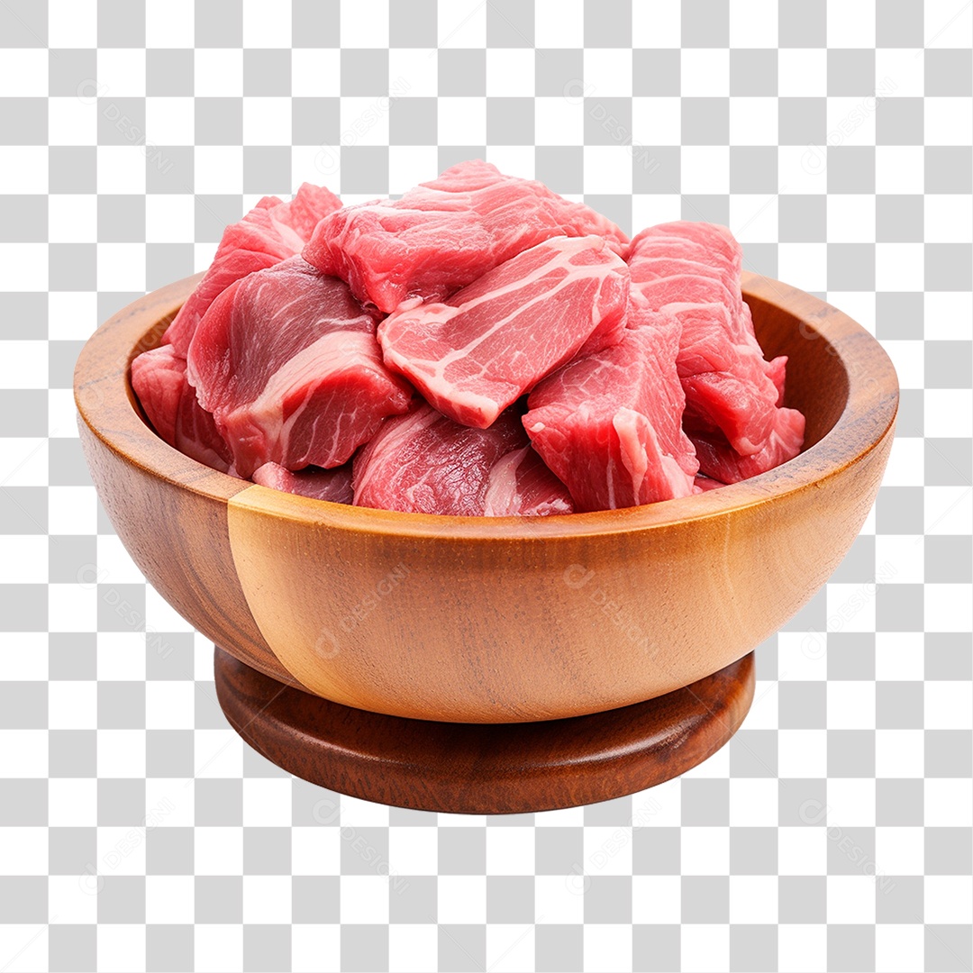Pedaços de Carnes Cortadas em Vasilha de Madeira PNG Transparente