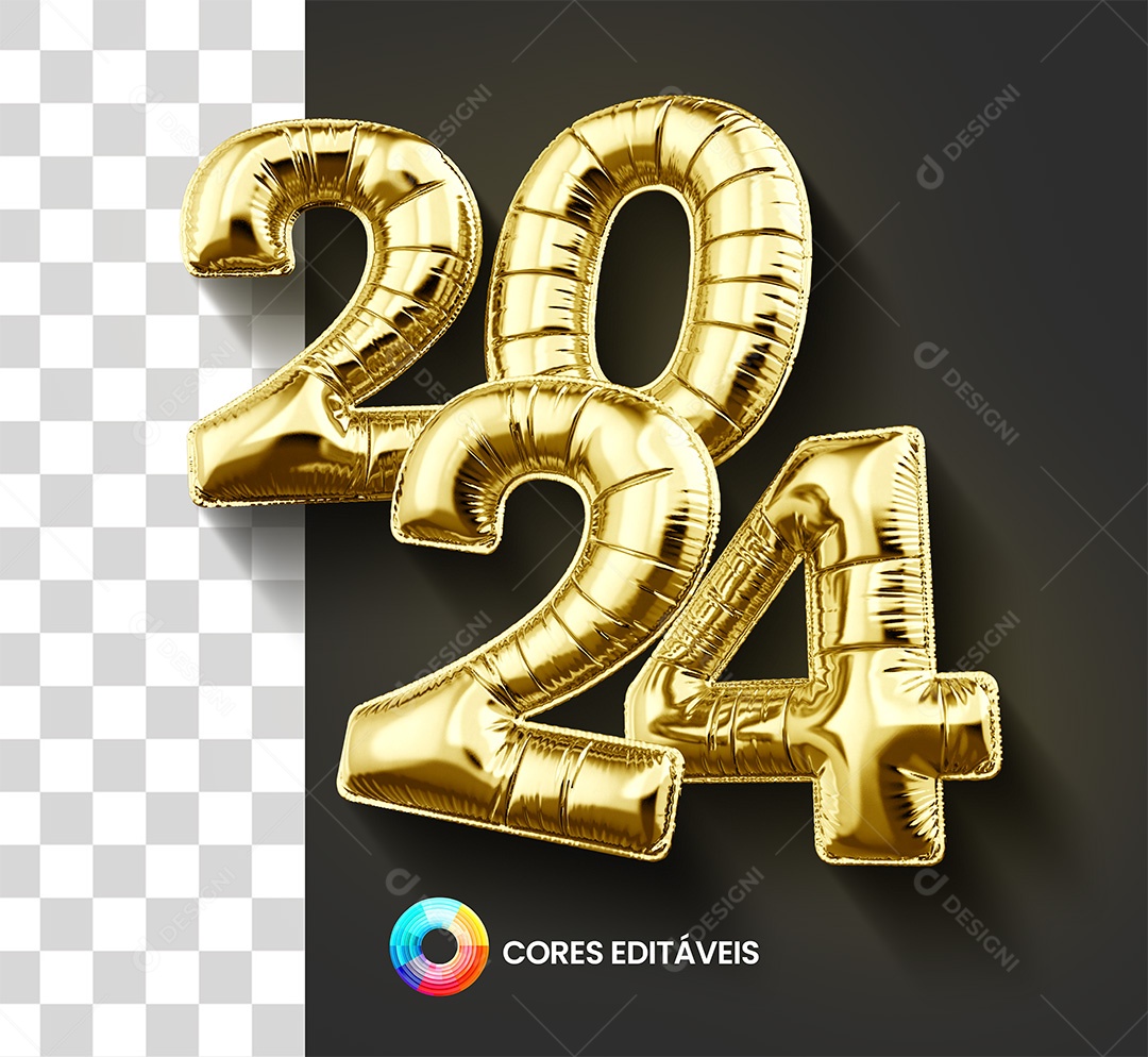 Número 3D Balão Dourado 2024 Para Composição PSD