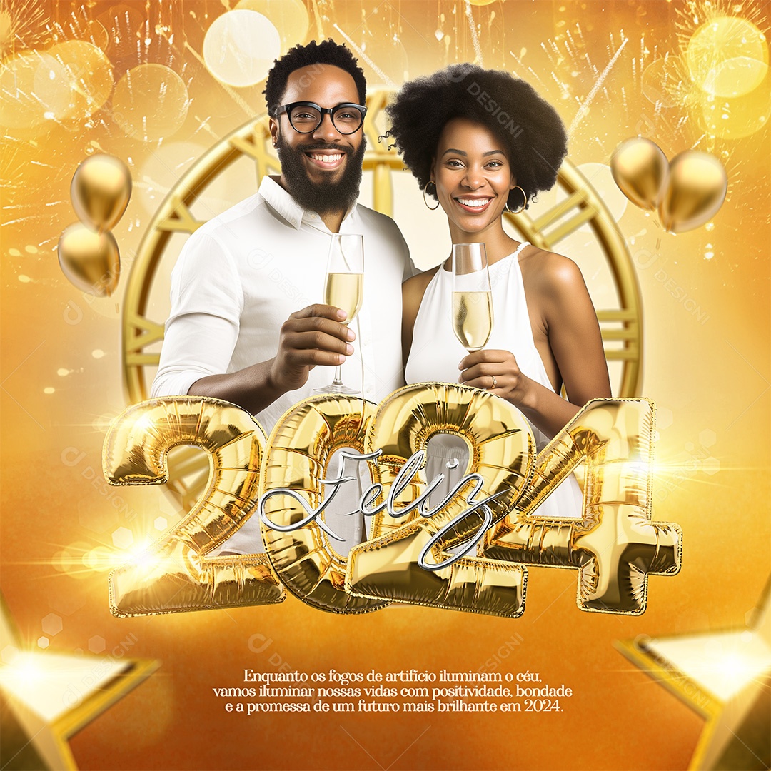 Feliz 2024 Iluminar Nossas Vidas Futuro Brilhante Social Media PSD Editável