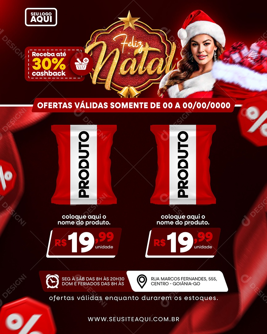 Supermercado Feliz Natal Ofertas Produto Receba até 30% cashback Social Media PSD Editável