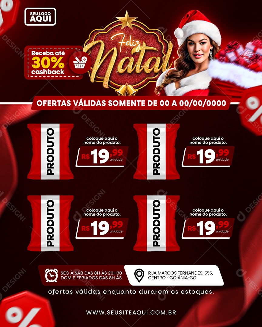 Supermercado Feliz Natal Ofertas Produto Receba até 30% cashback Social Media PSD Editável