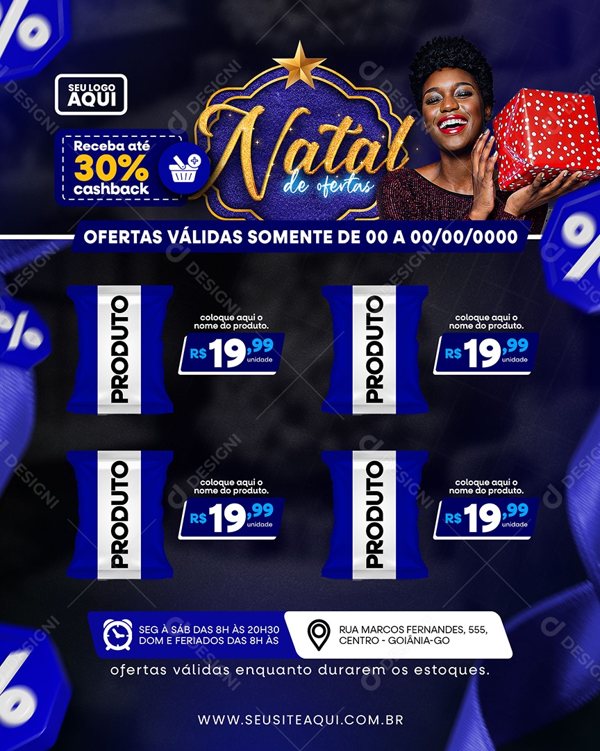Supermercado Natal de oferta Receba até 30% cashback Produto Social Media PSD Editável