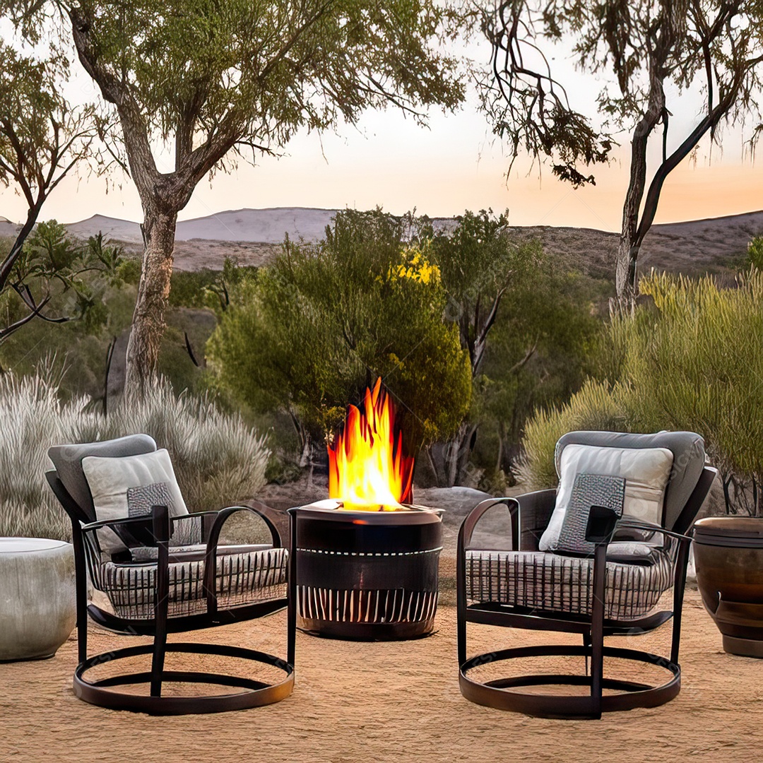 Duas poltronas em uma fogueira em um ambiente natural aberto
