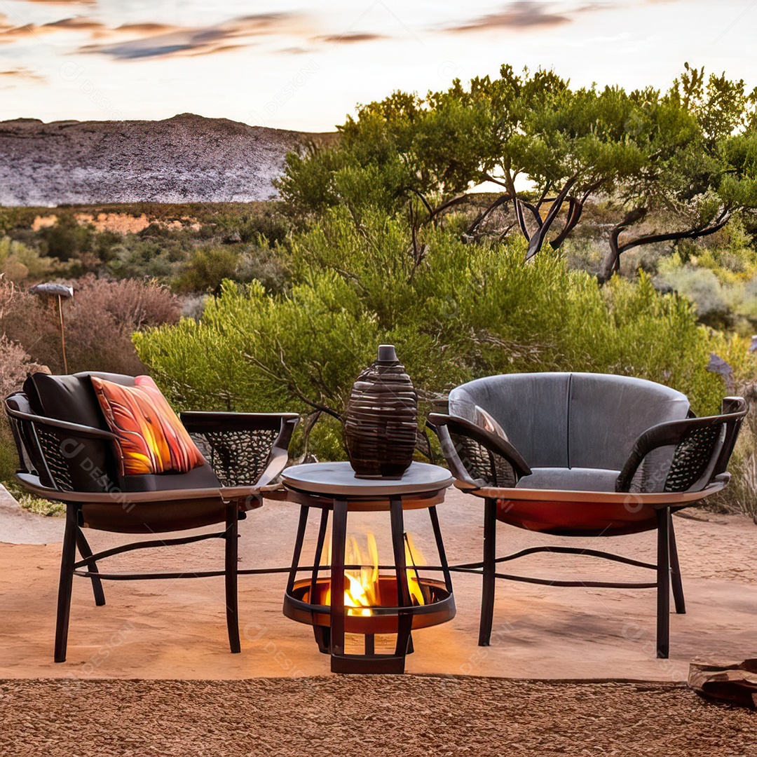 Duas poltronas em uma fogueira em um ambiente natural aberto