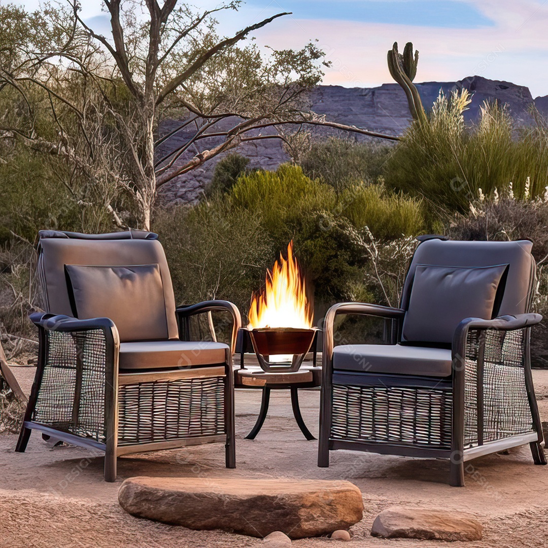 Duas poltronas em uma fogueira em um ambiente natural aberto