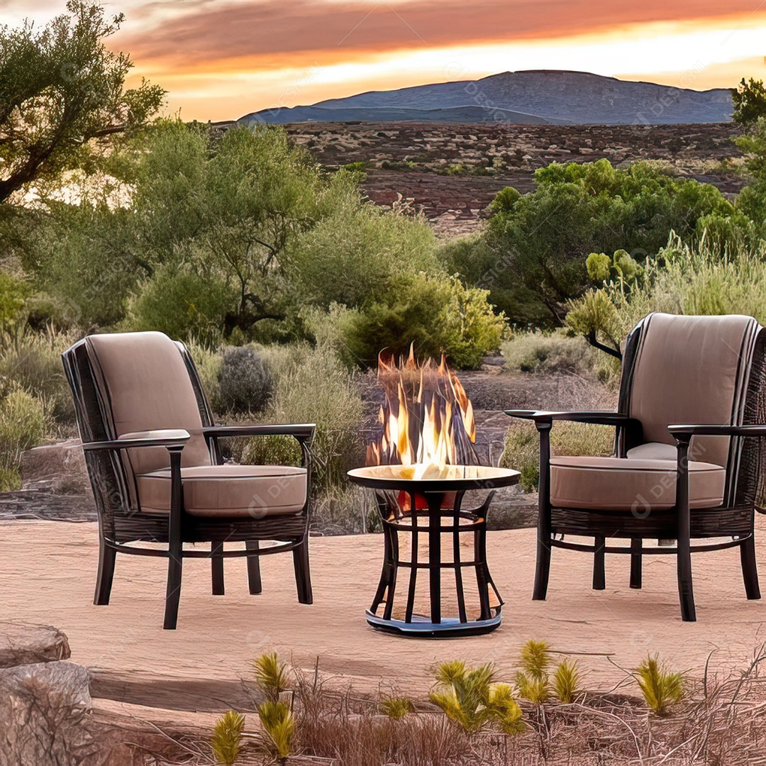 Duas poltronas em uma fogueira em um ambiente natural aberto