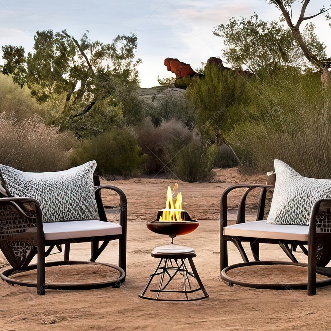 Duas poltronas em uma fogueira em um ambiente natural aberto