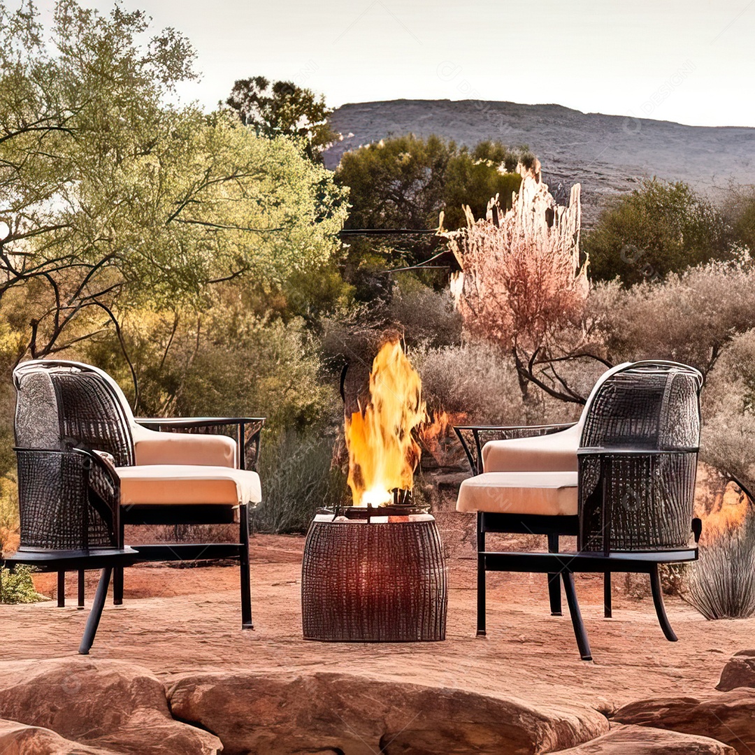 Duas poltronas em uma fogueira em um ambiente natural aberto