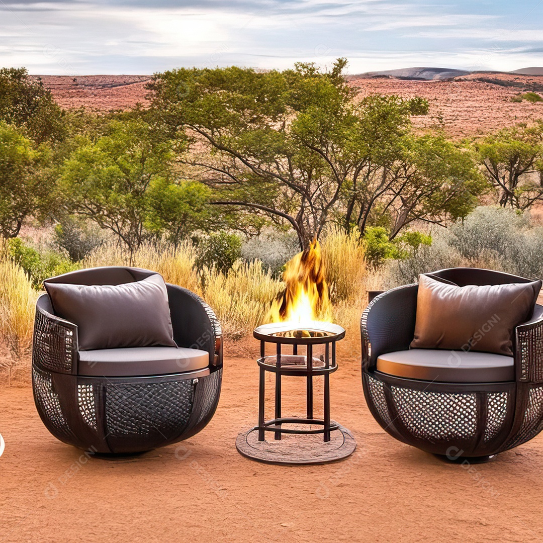 Duas poltronas em uma fogueira em um ambiente natural aberto