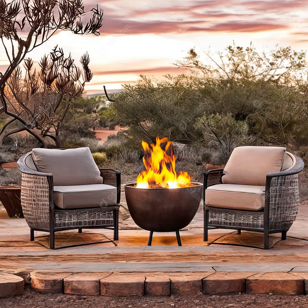 Duas poltronas em uma fogueira em um ambiente natural aberto