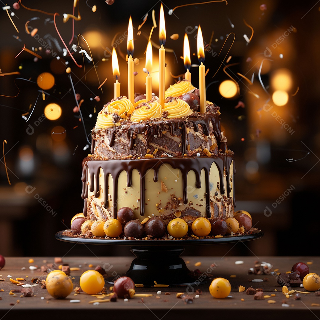 Bolo de chocolate de aniversário decorado com doces
