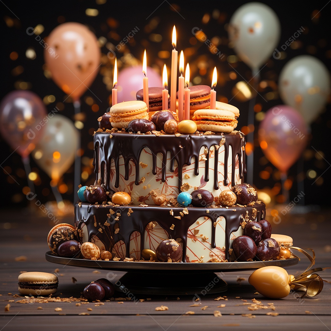 Bolo de chocolate de aniversário decorado com doces