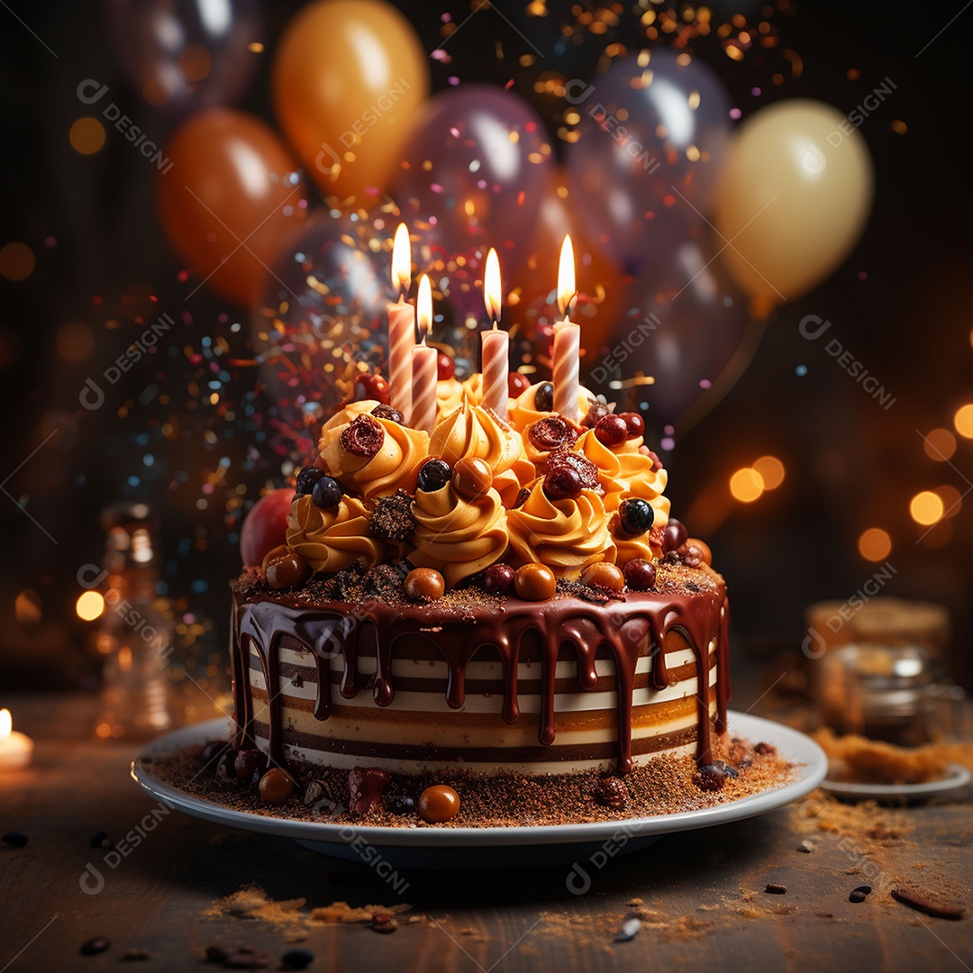 Bolo de chocolate de aniversário decorado com doces