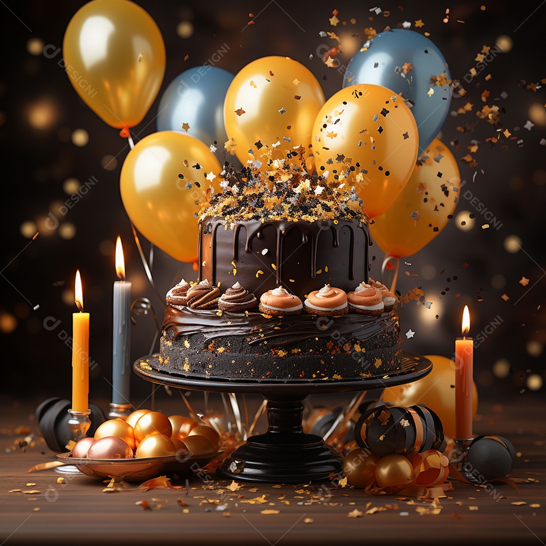 Bolo de chocolate de aniversário decorado com doces