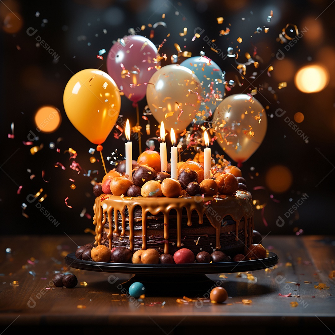 Bolo de chocolate de aniversário decorado com doces