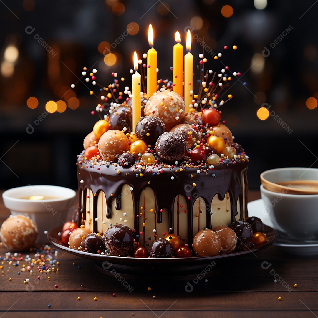 Bolo de chocolate de aniversário decorado com doces