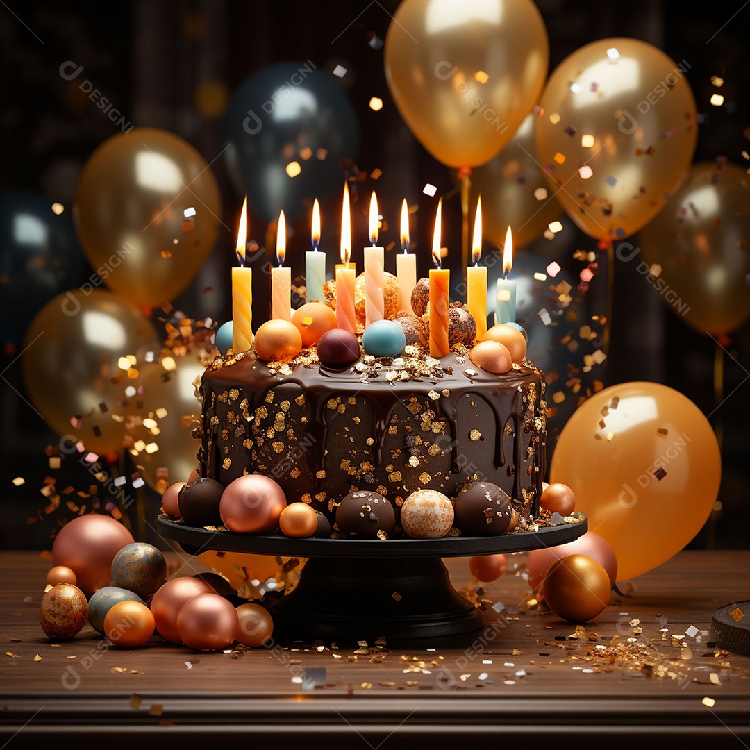 Bolo de chocolate de aniversário decorado com doces