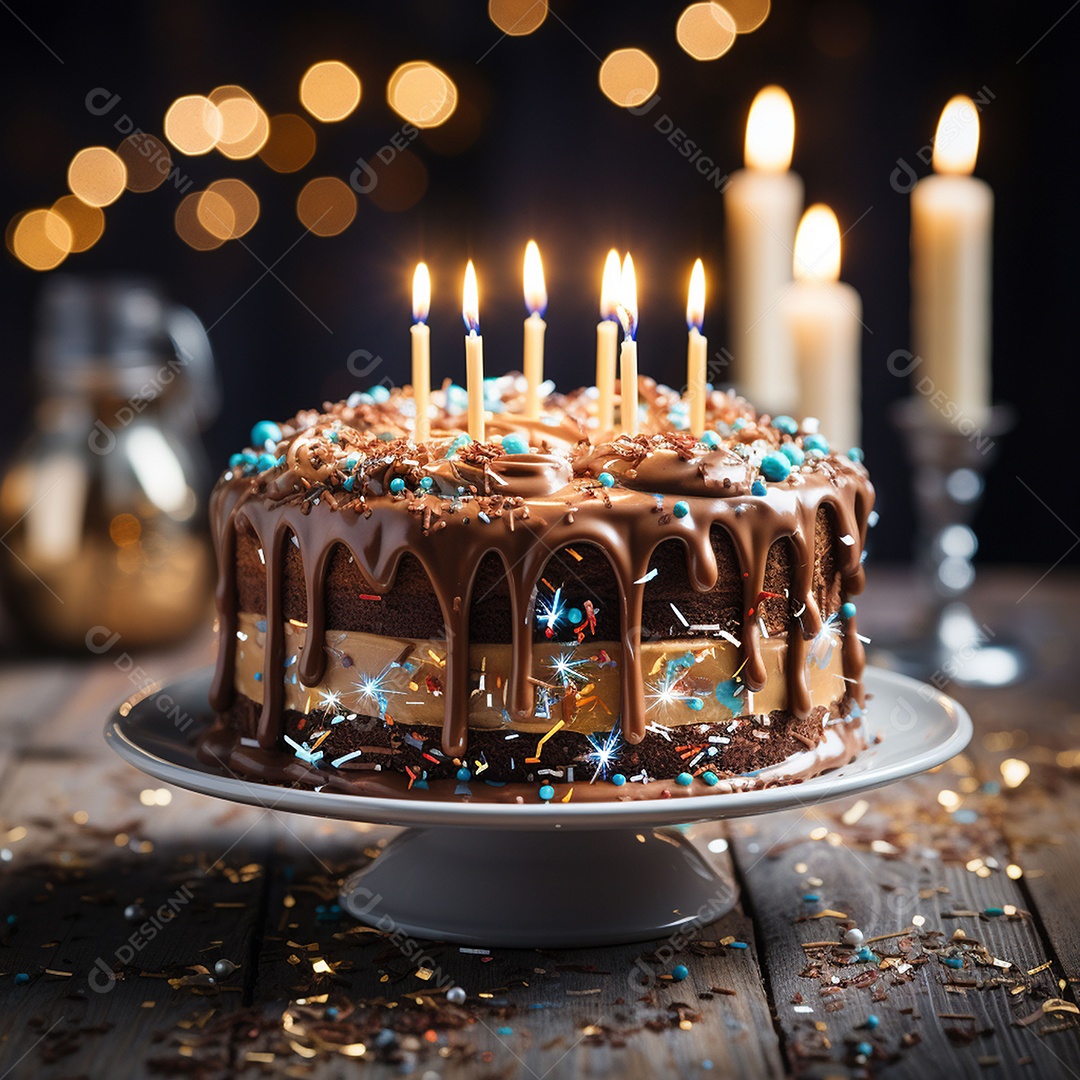 Bolo de chocolate de aniversário decorado com doces