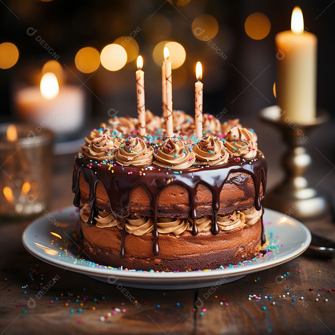 Bolo de chocolate de aniversário decorado com doces