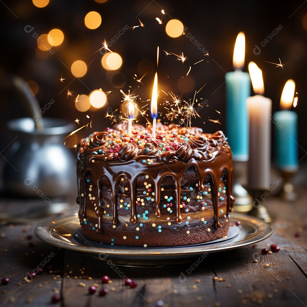 Bolo de chocolate de aniversário decorado com doces