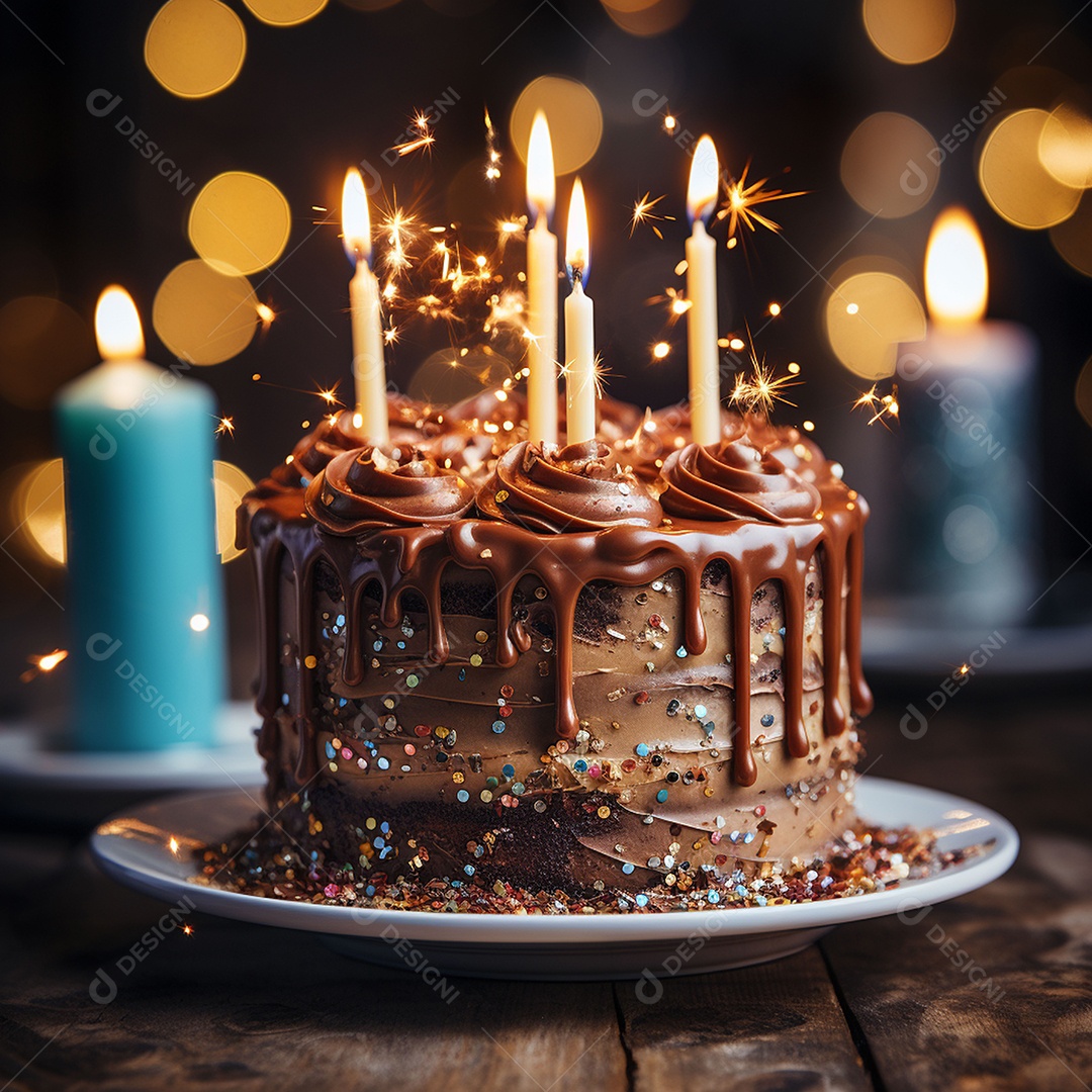 Bolo de chocolate de aniversário decorado com doces