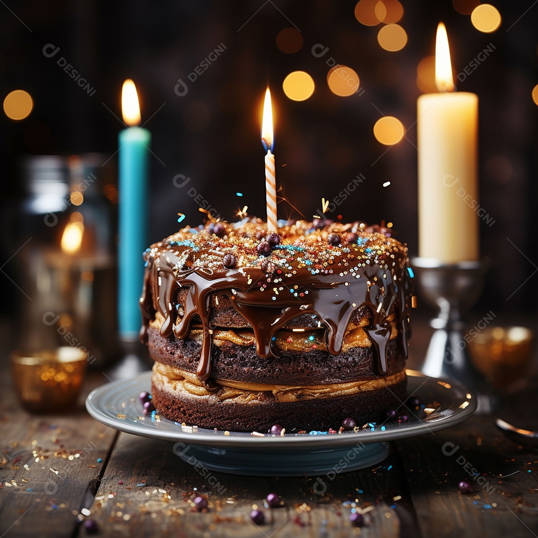 Bolo de chocolate de aniversário decorado com doces