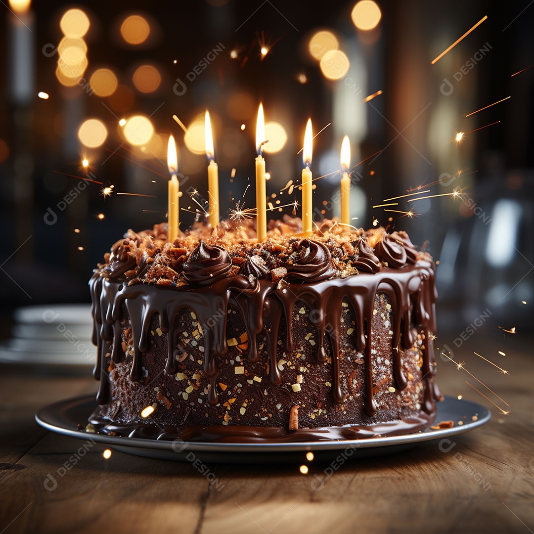 Bolo de chocolate de aniversário decorado com doces