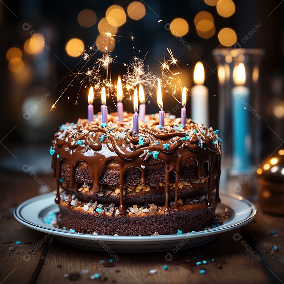 Bolo de chocolate de aniversário decorado com doces