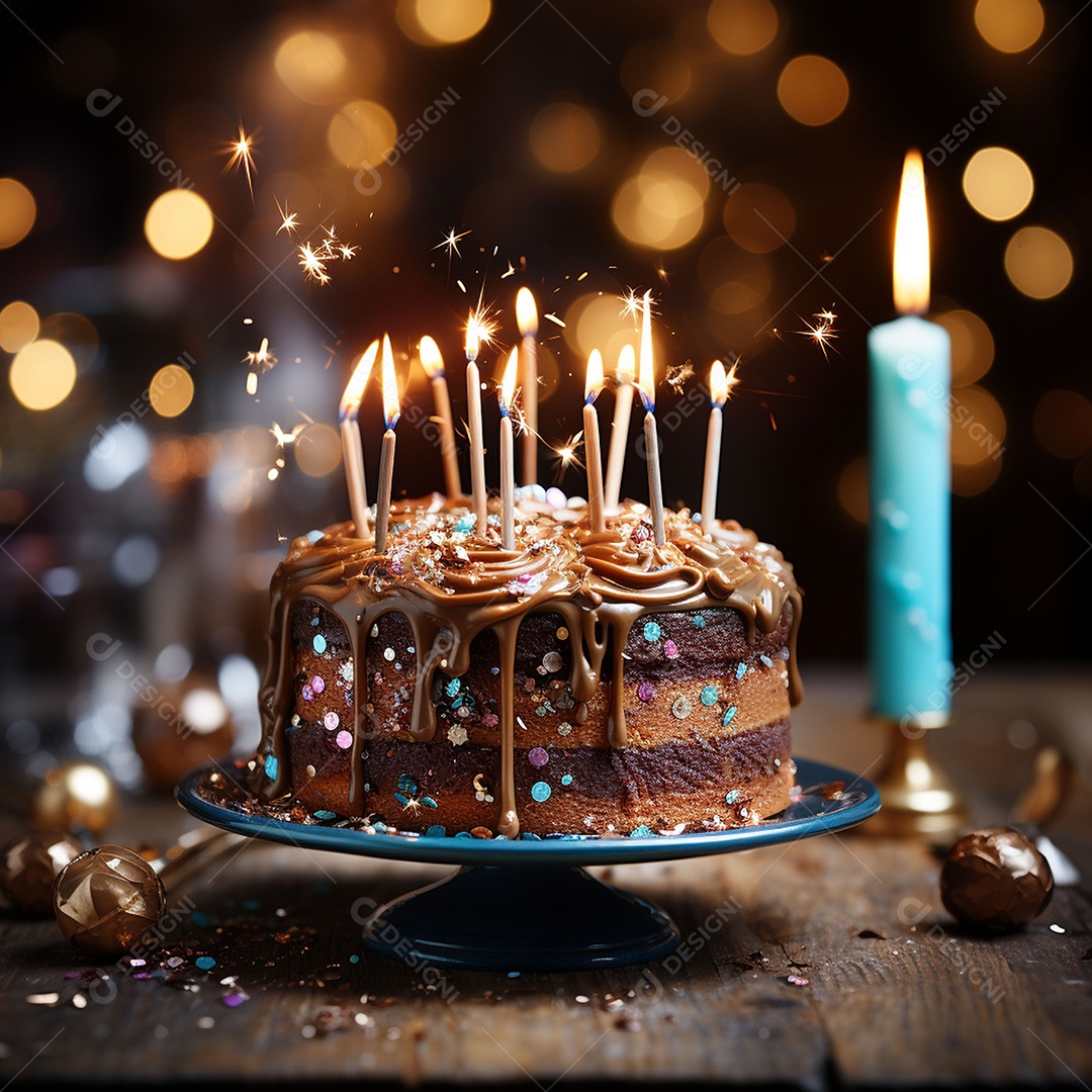 Bolo de chocolate de aniversário decorado com doces