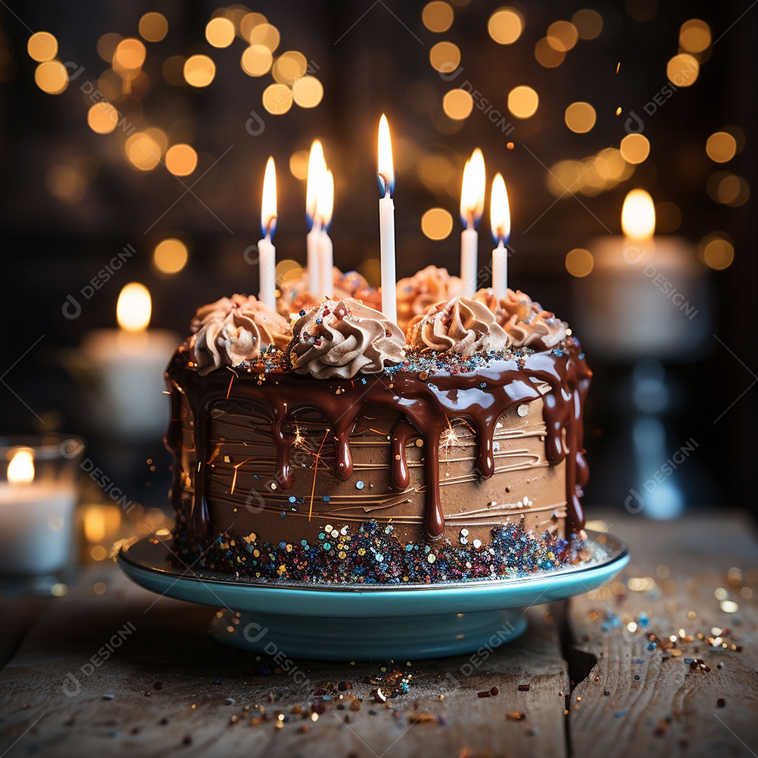 Bolo de chocolate de aniversário decorado com doces