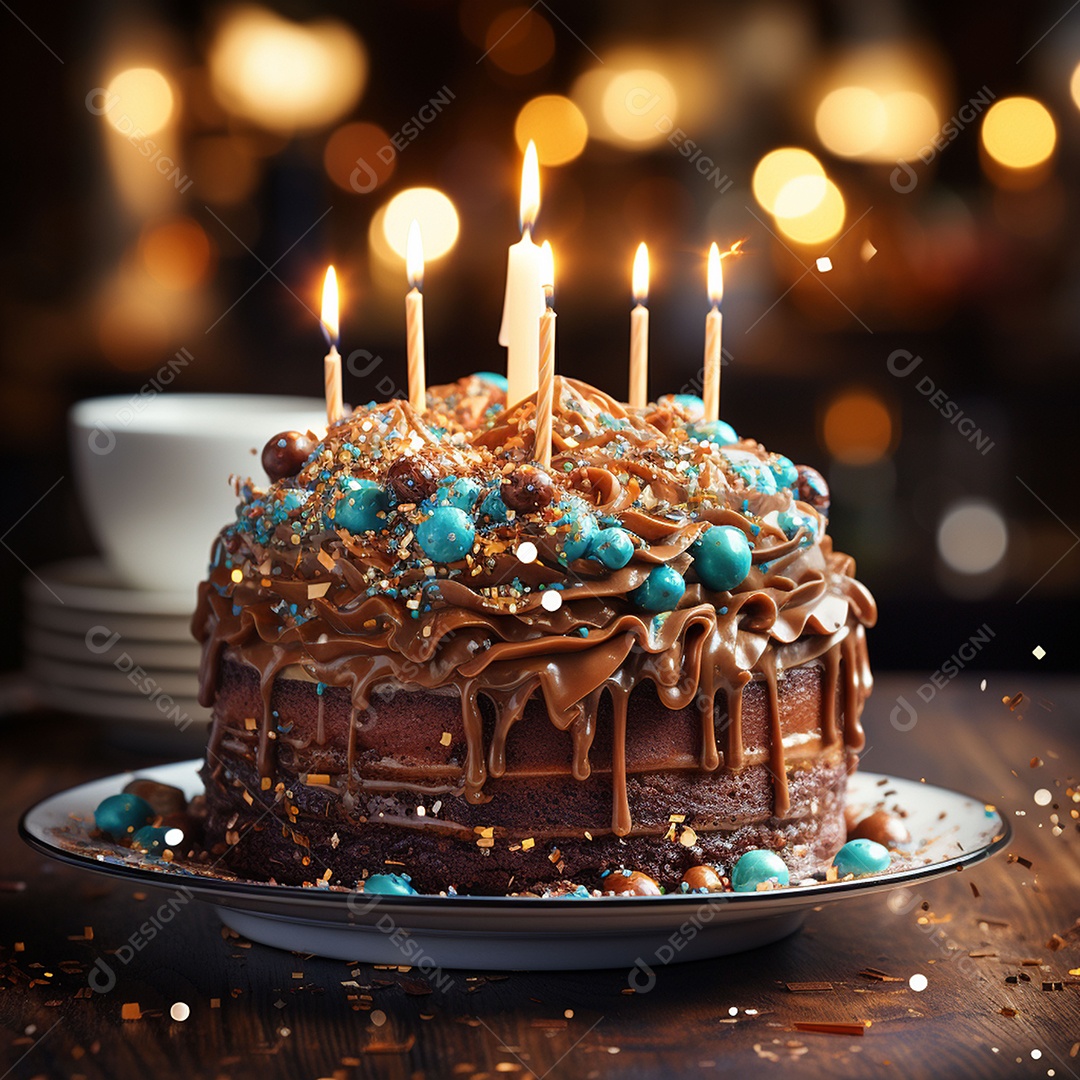 Bolo de chocolate de aniversário decorado com doces