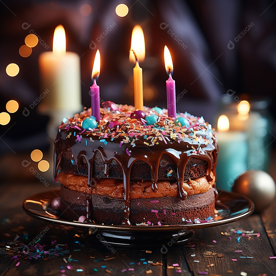 Bolo de chocolate de aniversário decorado com doces