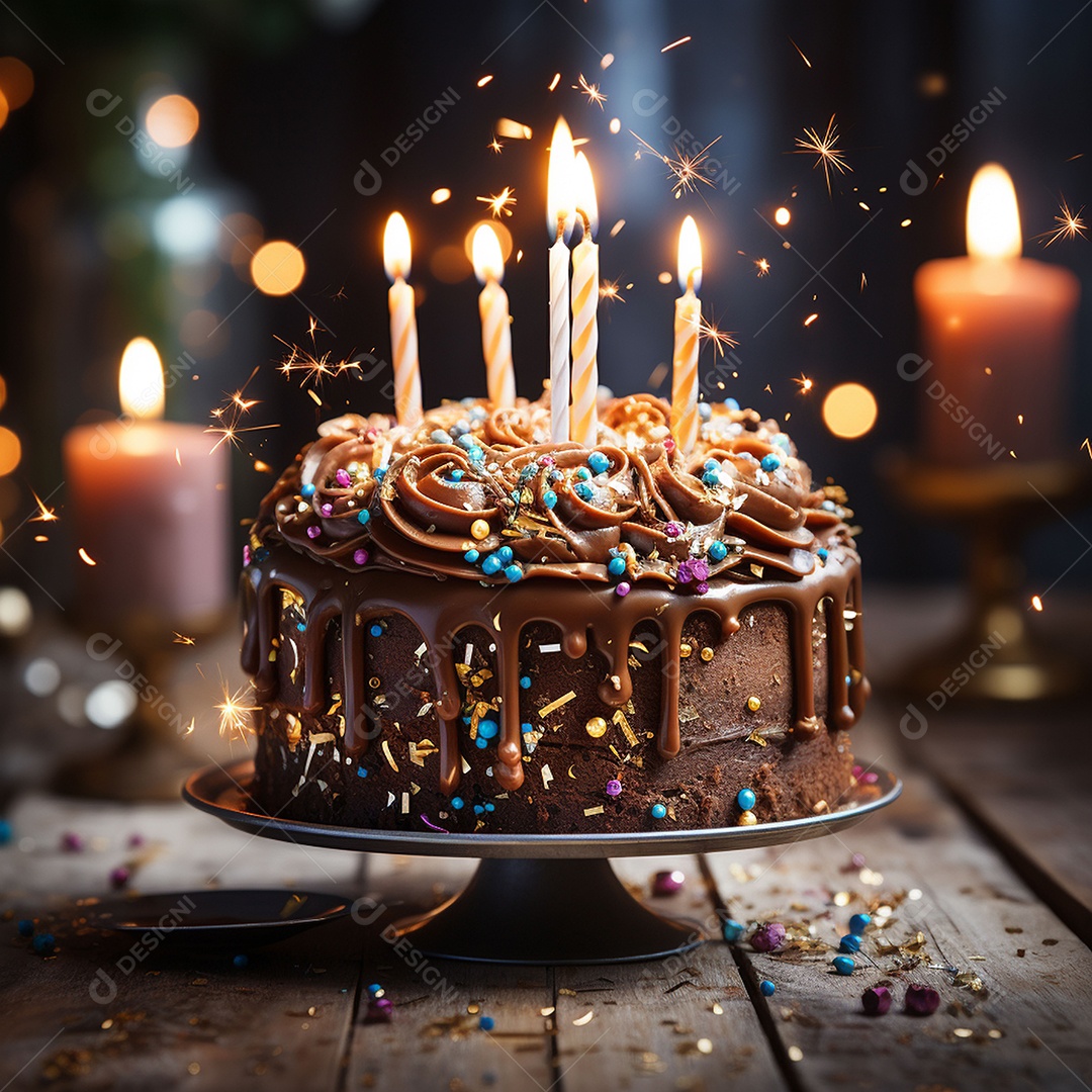 Bolo de chocolate de aniversário decorado com doces
