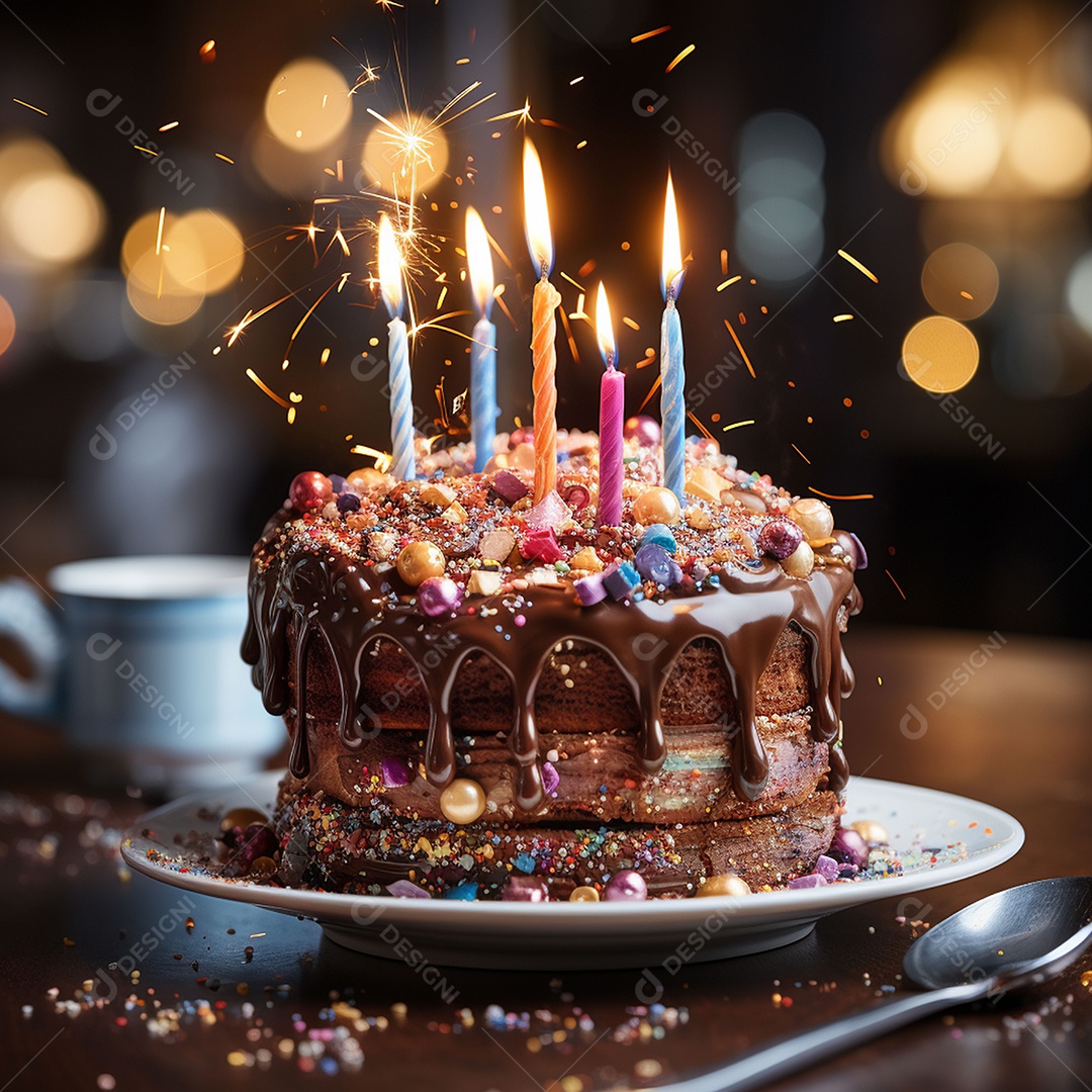 Bolo de chocolate de aniversário decorado com doces