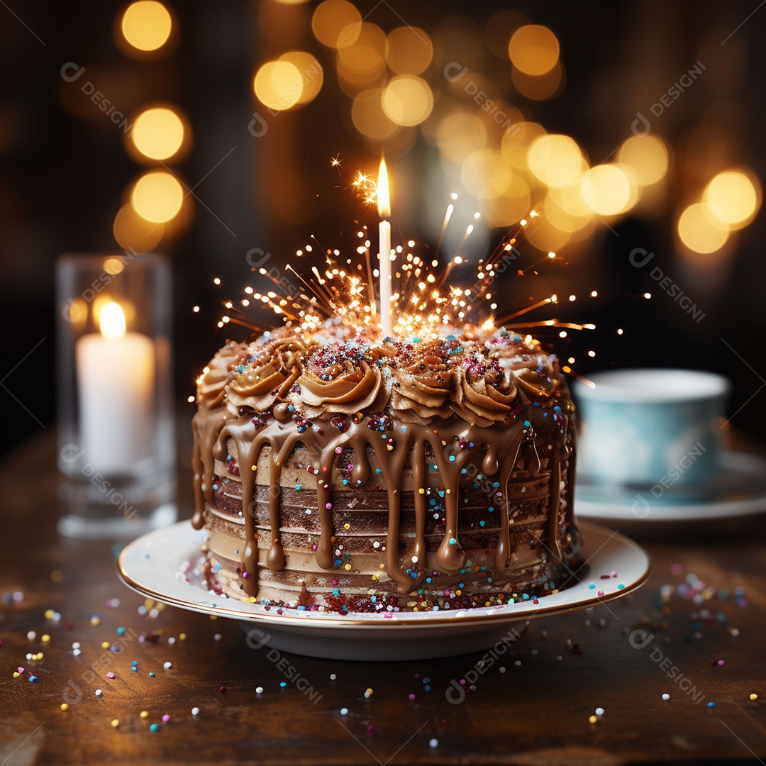 Bolo de chocolate de aniversário decorado com doces