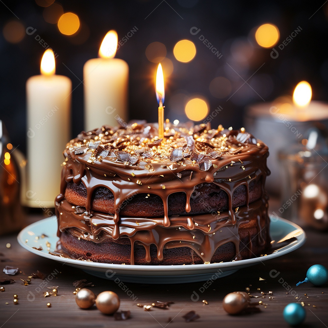 Bolo de chocolate de aniversário decorado com doces