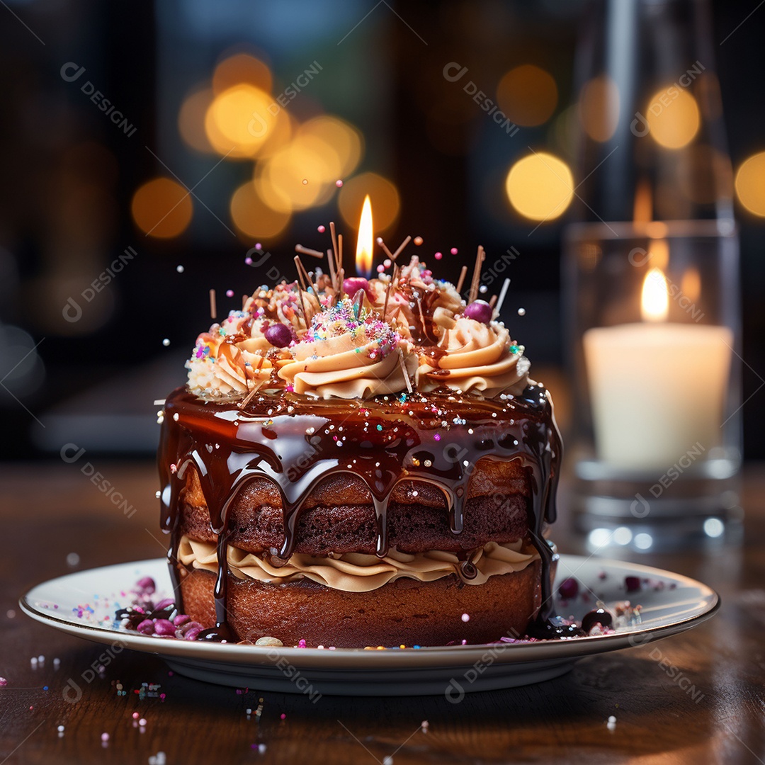 Bolo de chocolate de aniversário decorado com doces